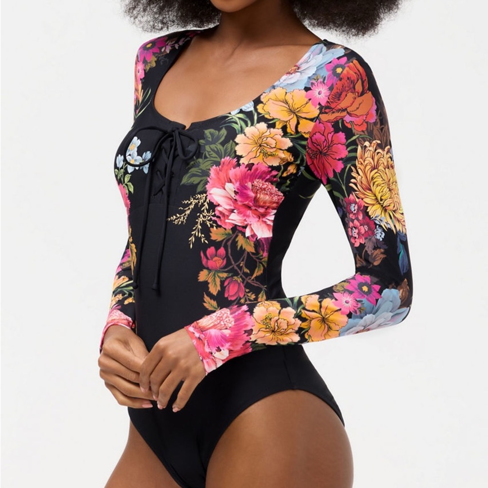 Johnny Was BACCARA TIE FRONT SURF ONE PIECE Swimsuit NWT black floral - S